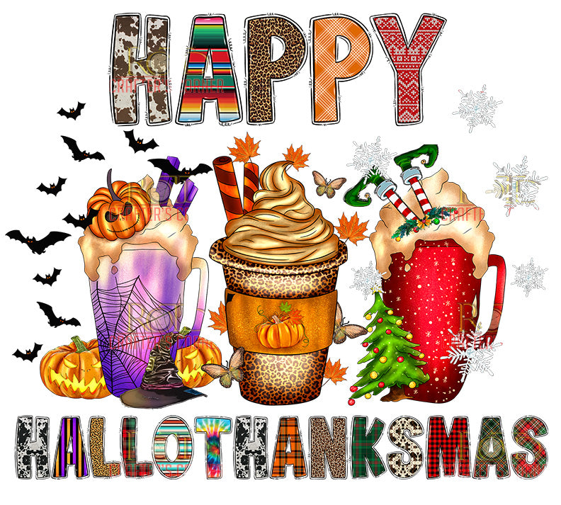DTF Screen Print Image - Happy Hallowthanksmas Coffee Cups