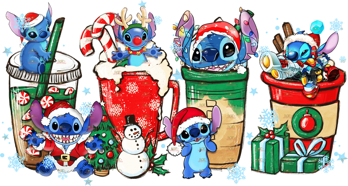 DTF Screen Print Image - Stitch Christmas Coffee Cups